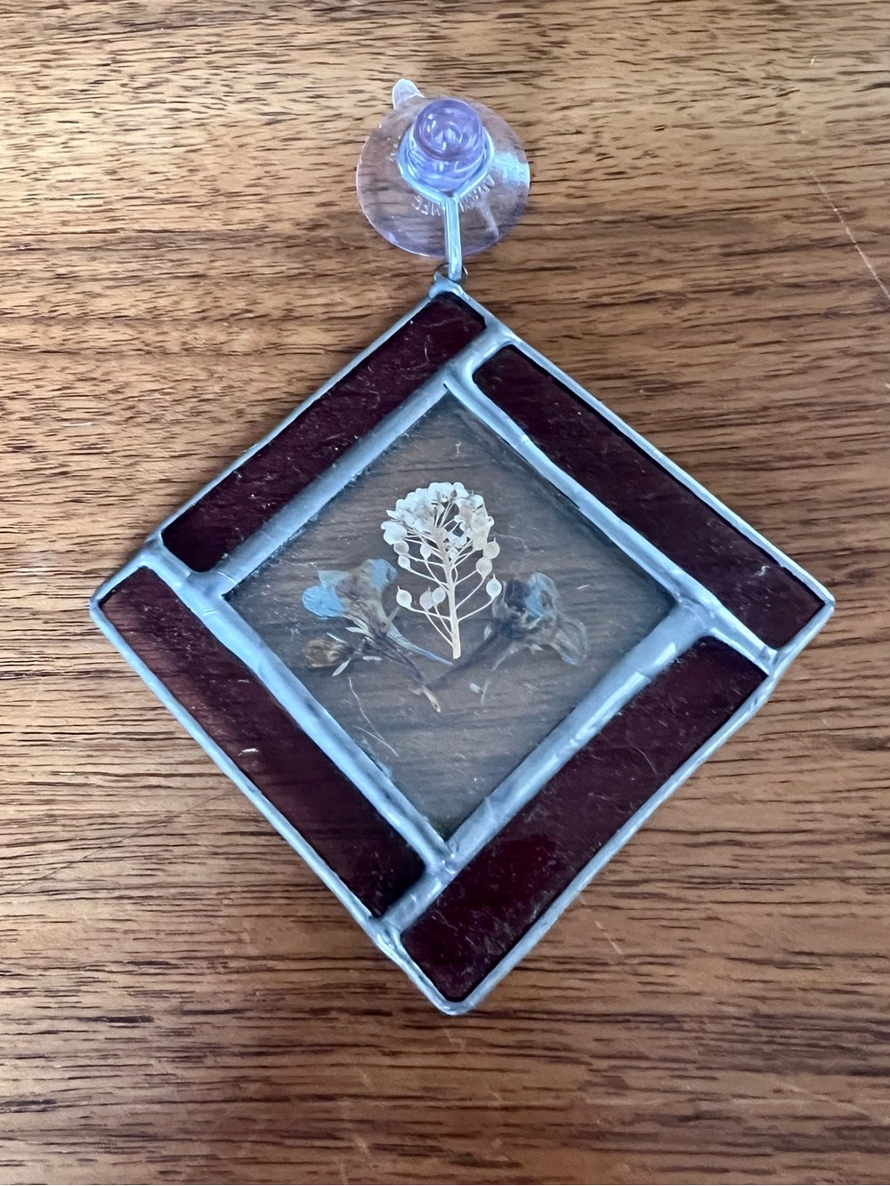 Handmade Stained Glass Sun-Catcher with Pressed Flower - Deep Burgundy